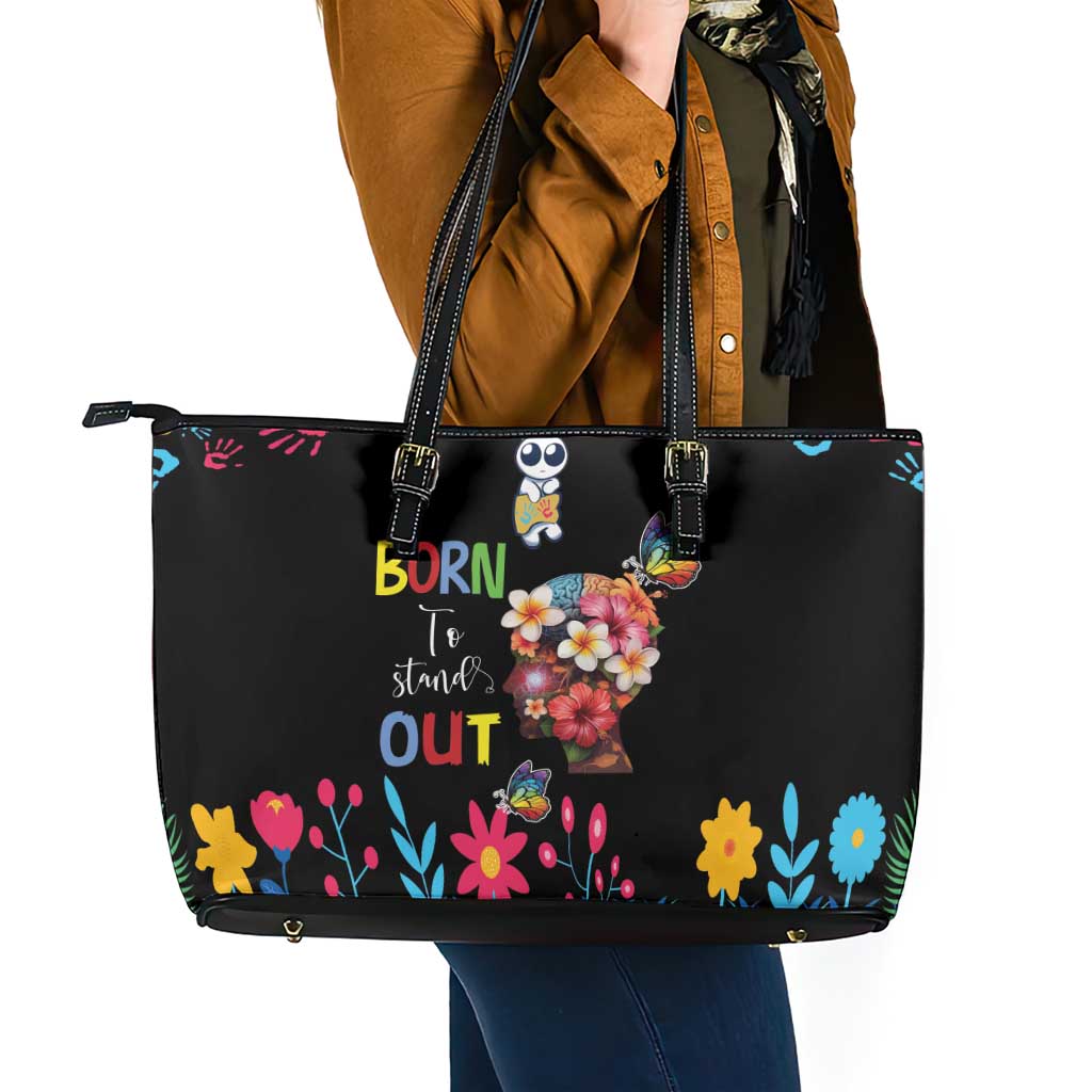 Born to Stand Out Autism Awareness Leather Tote Bag Brain Mind and Yippee!