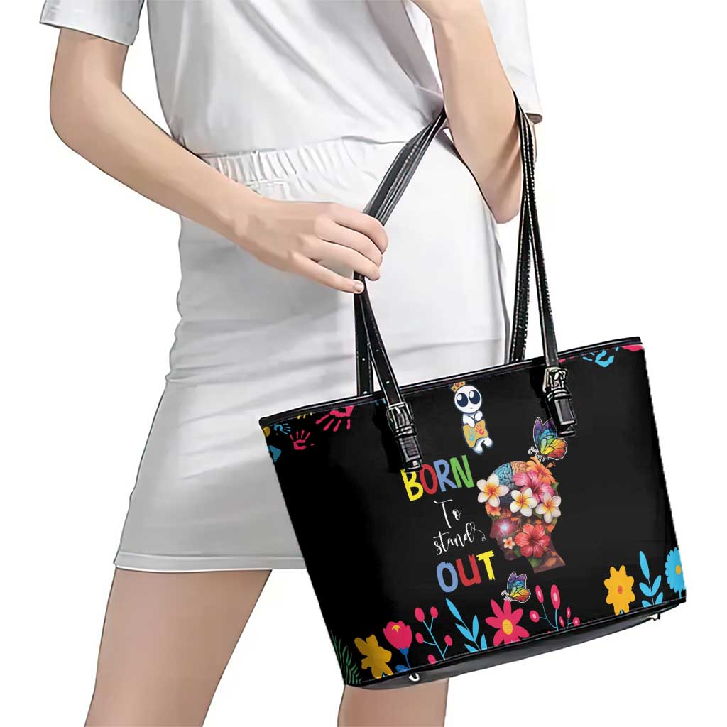 Born to Stand Out Autism Awareness Leather Tote Bag Brain Mind and Yippee!