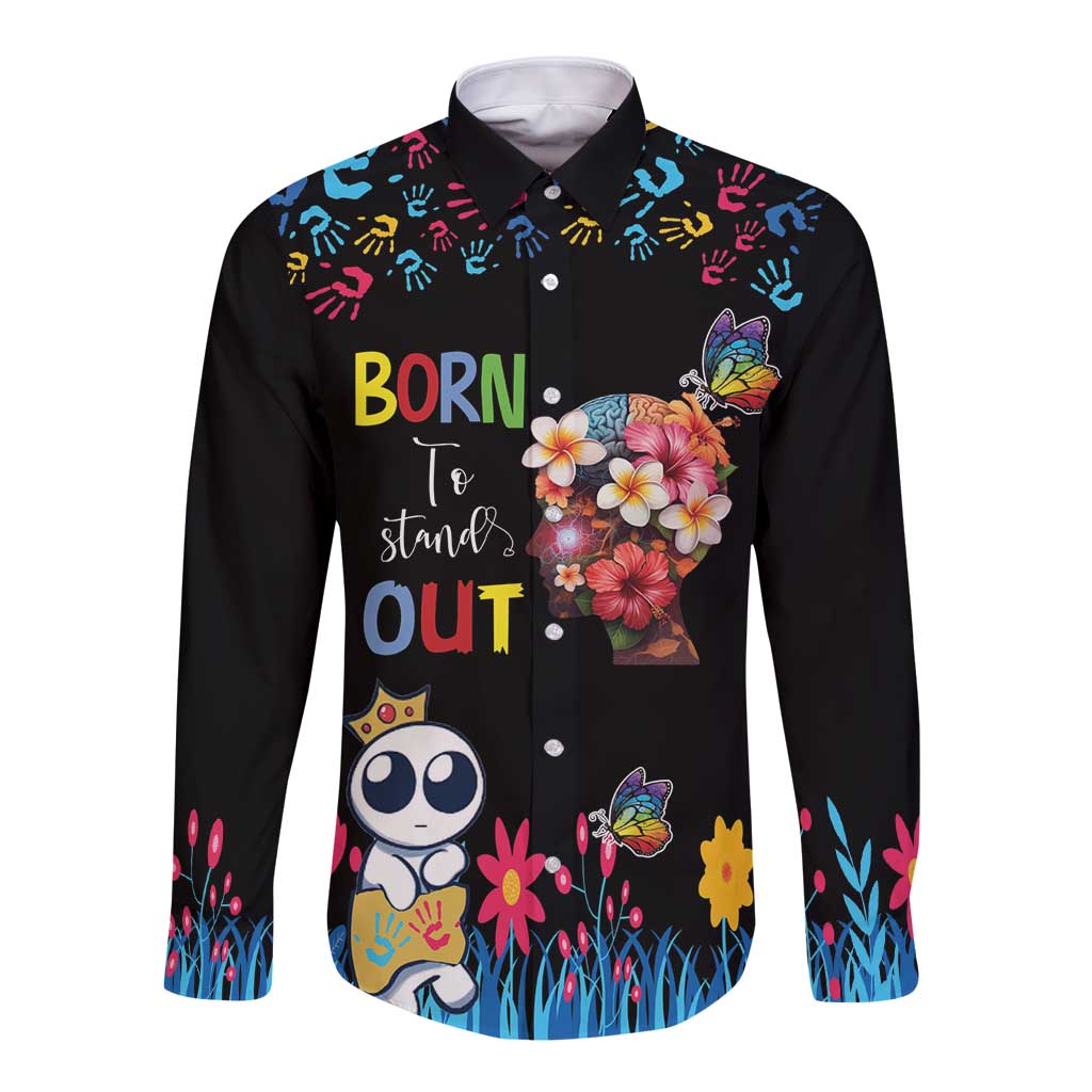 Born to Stand Out Autism Awareness Long Sleeve Button Shirt Brain Mind and Yippee!