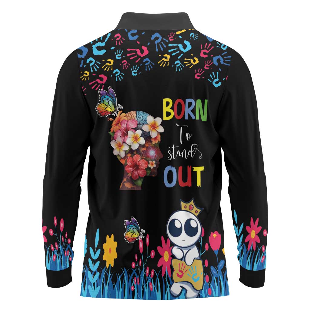 Born to Stand Out Autism Awareness Long Sleeve Polo Shirt Brain Mind and Yippee!