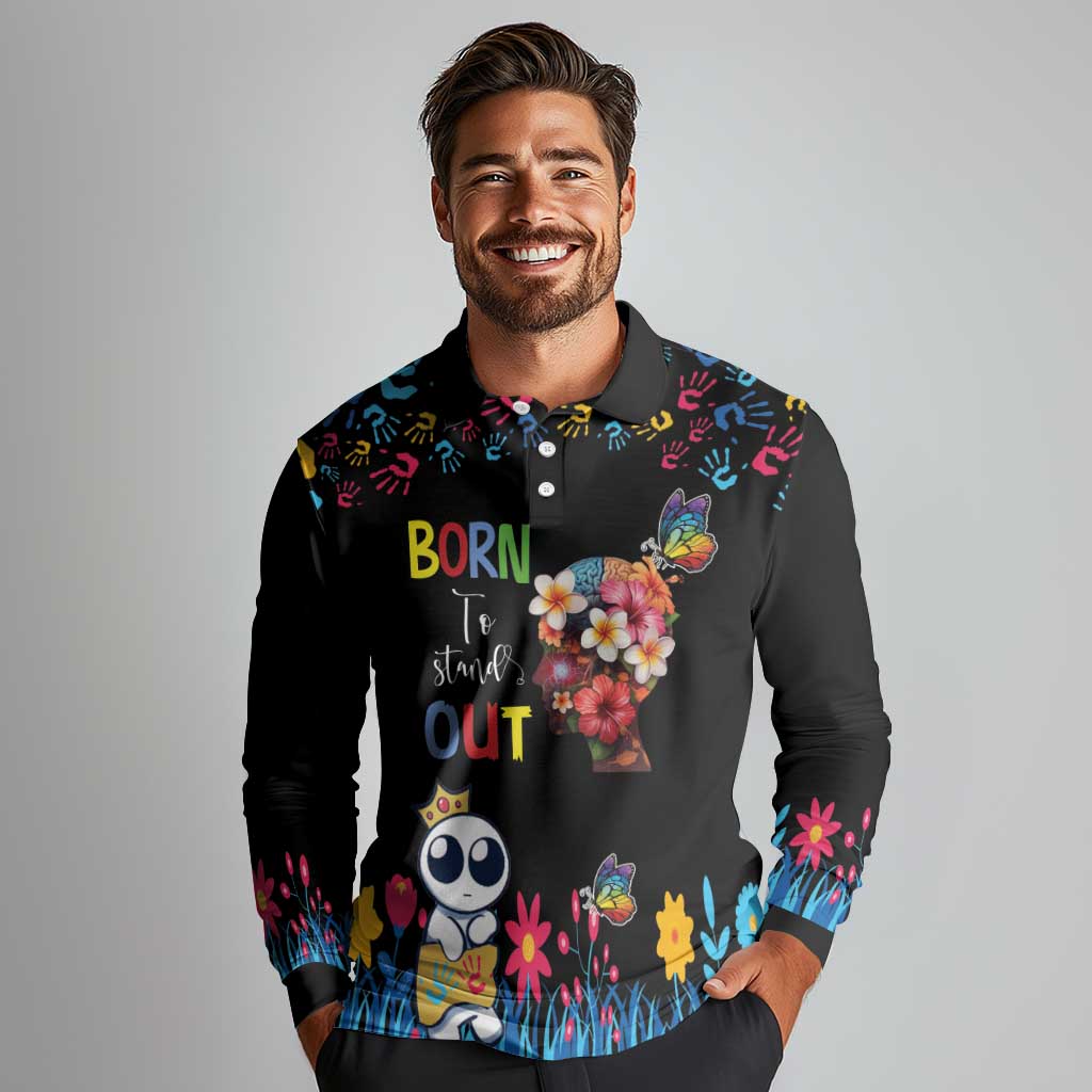 Born to Stand Out Autism Awareness Long Sleeve Polo Shirt Brain Mind and Yippee!