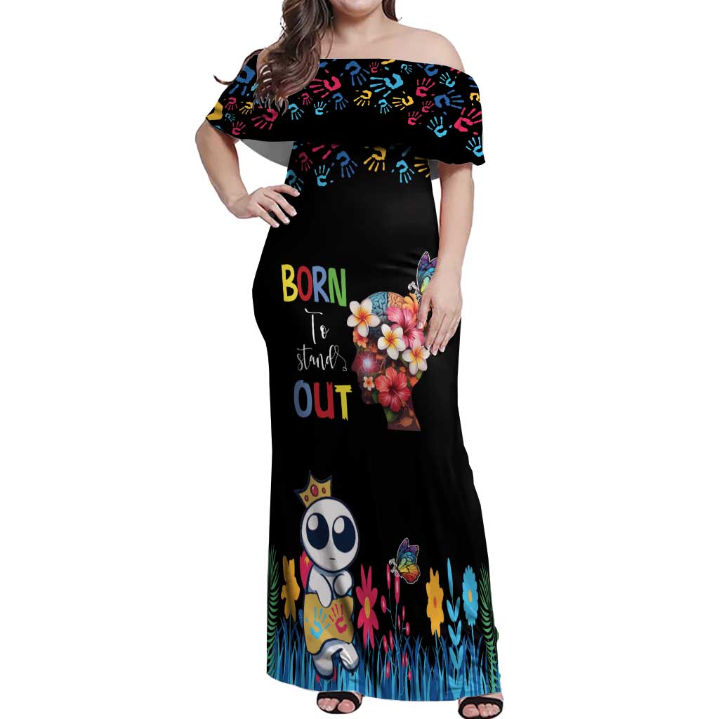 Born to Stand Out Autism Awareness Off Shoulder Maxi Dress Brain Mind and Yippee!