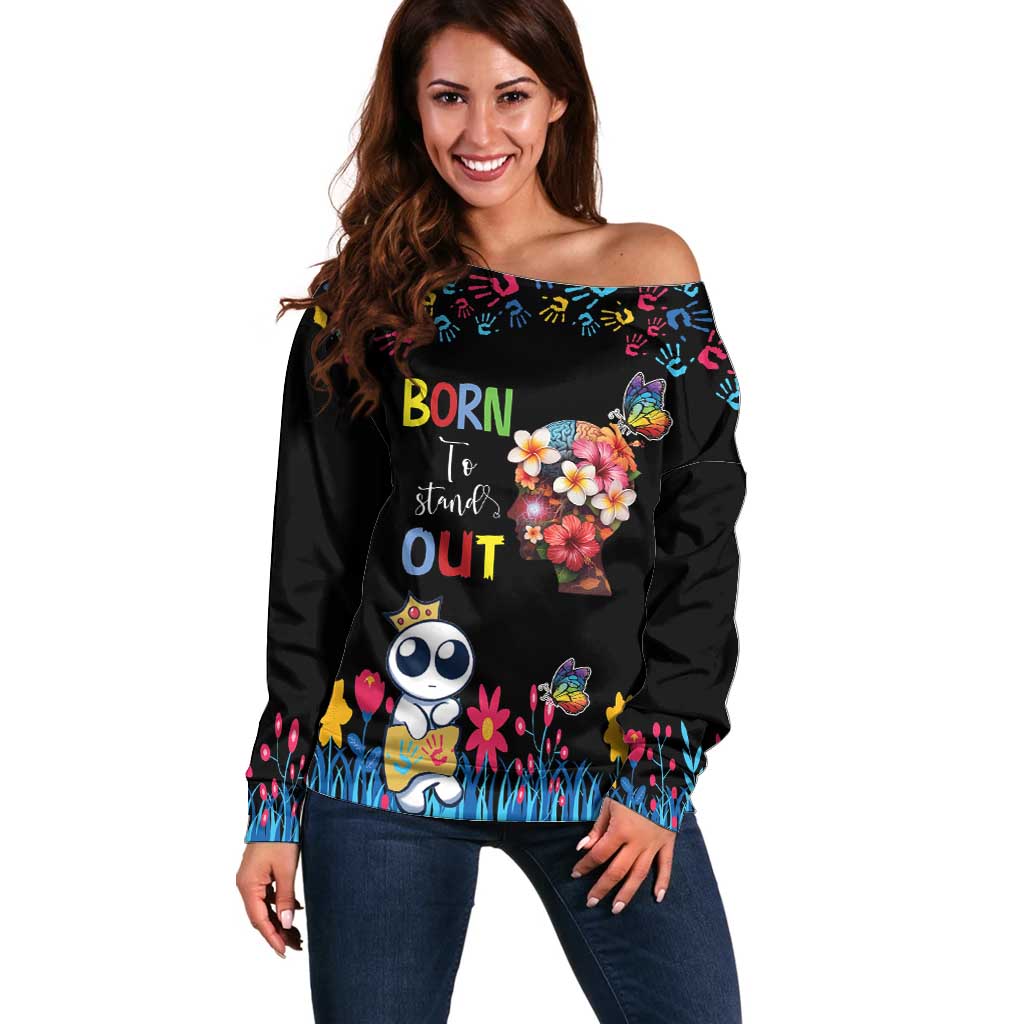 Born to Stand Out Autism Awareness Off Shoulder Sweater Brain Mind and Yippee!
