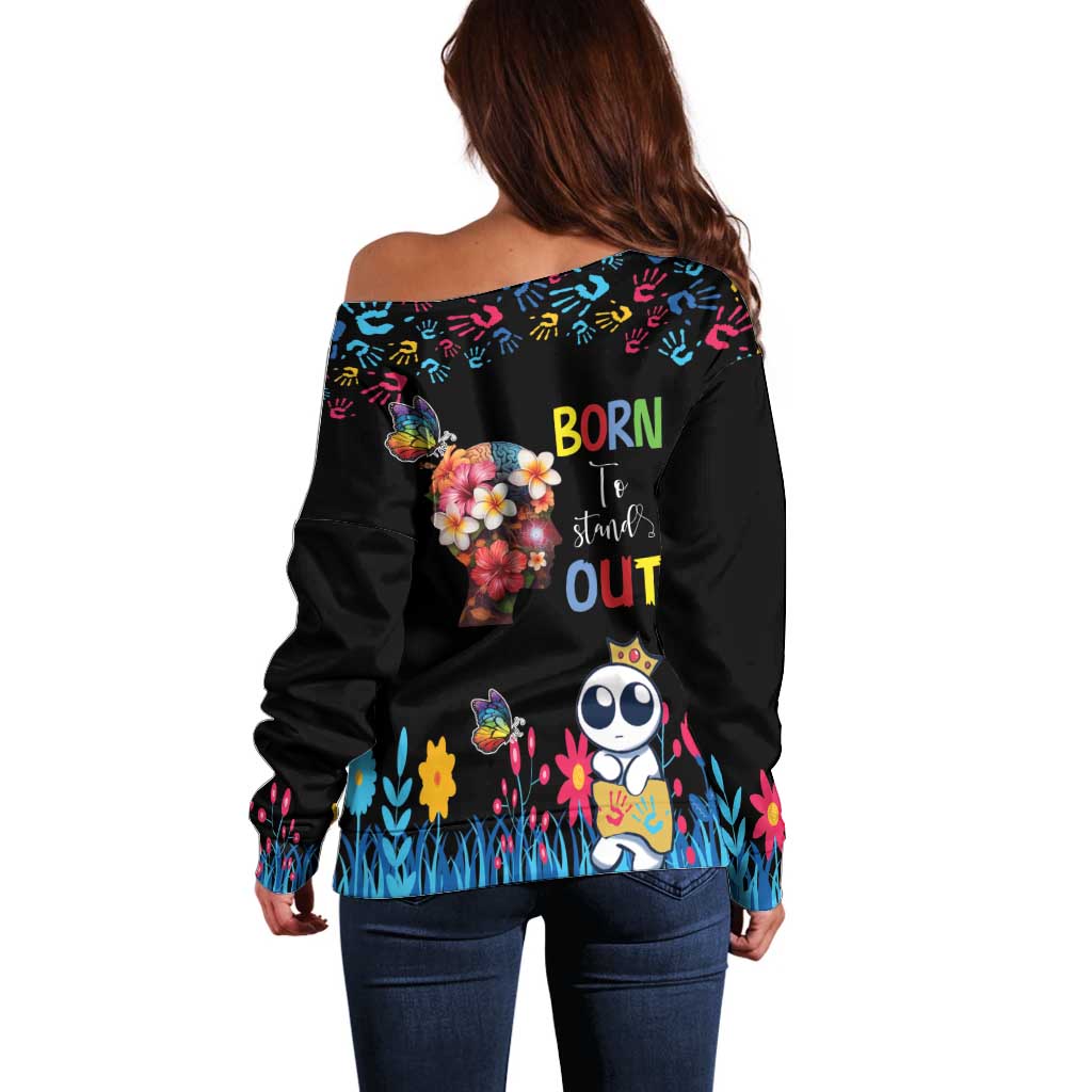 Born to Stand Out Autism Awareness Off Shoulder Sweater Brain Mind and Yippee!