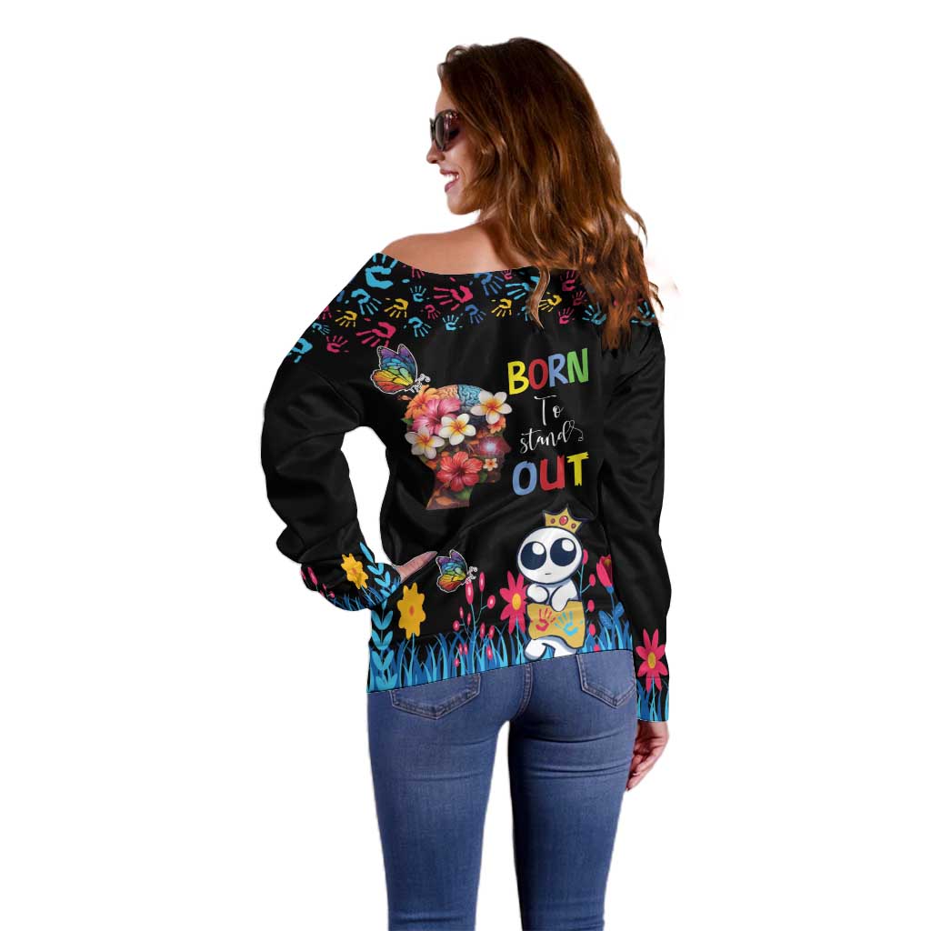 Born to Stand Out Autism Awareness Off Shoulder Sweater Brain Mind and Yippee!