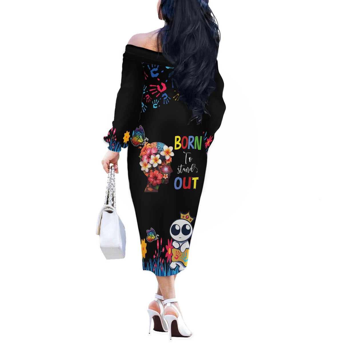 Born to Stand Out Autism Awareness Off The Shoulder Long Sleeve Dress Brain Mind and Yippee!