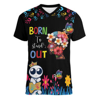 Born to Stand Out Autism Awareness Women V-Neck T-Shirt Brain Mind and Yippee!