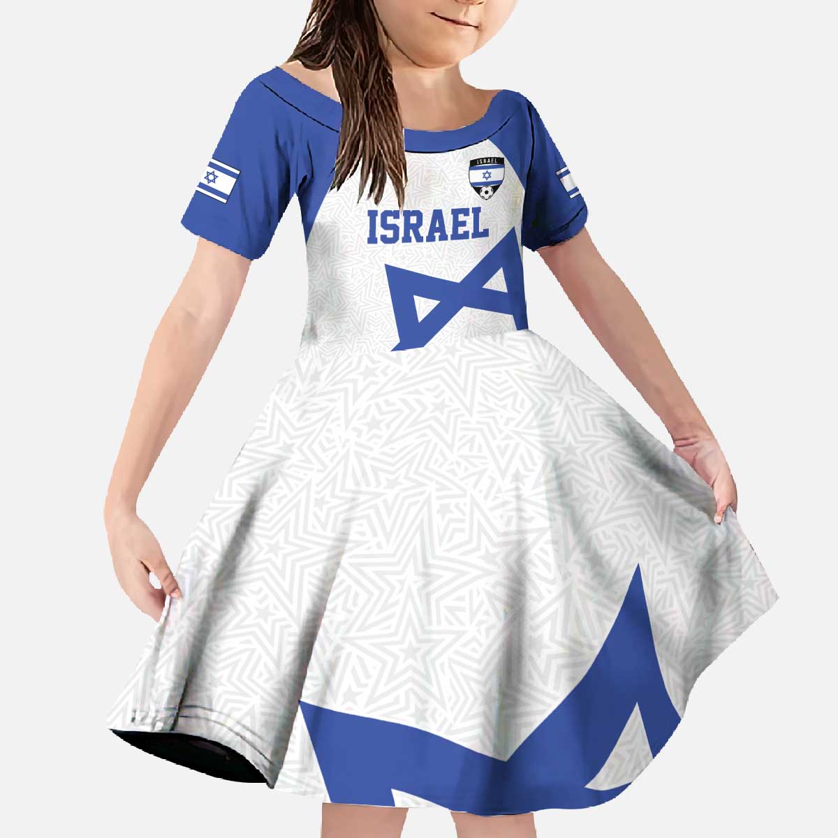 Custom Israel Football Go Champions Family Matching Off The Shoulder Long Sleeve Dress and Hawaiian Shirt Sporty Style