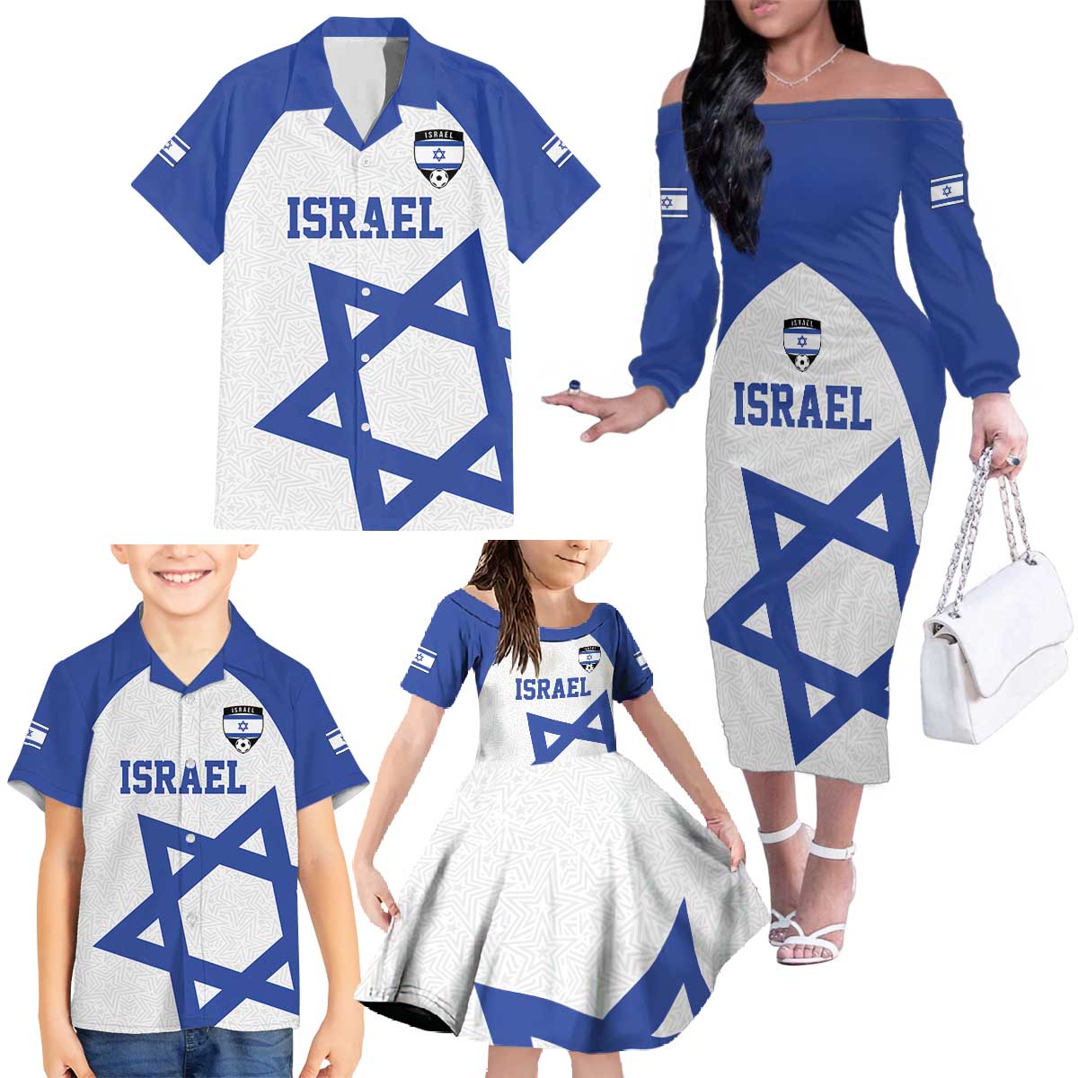 Custom Israel Football Go Champions Family Matching Off The Shoulder Long Sleeve Dress and Hawaiian Shirt Sporty Style