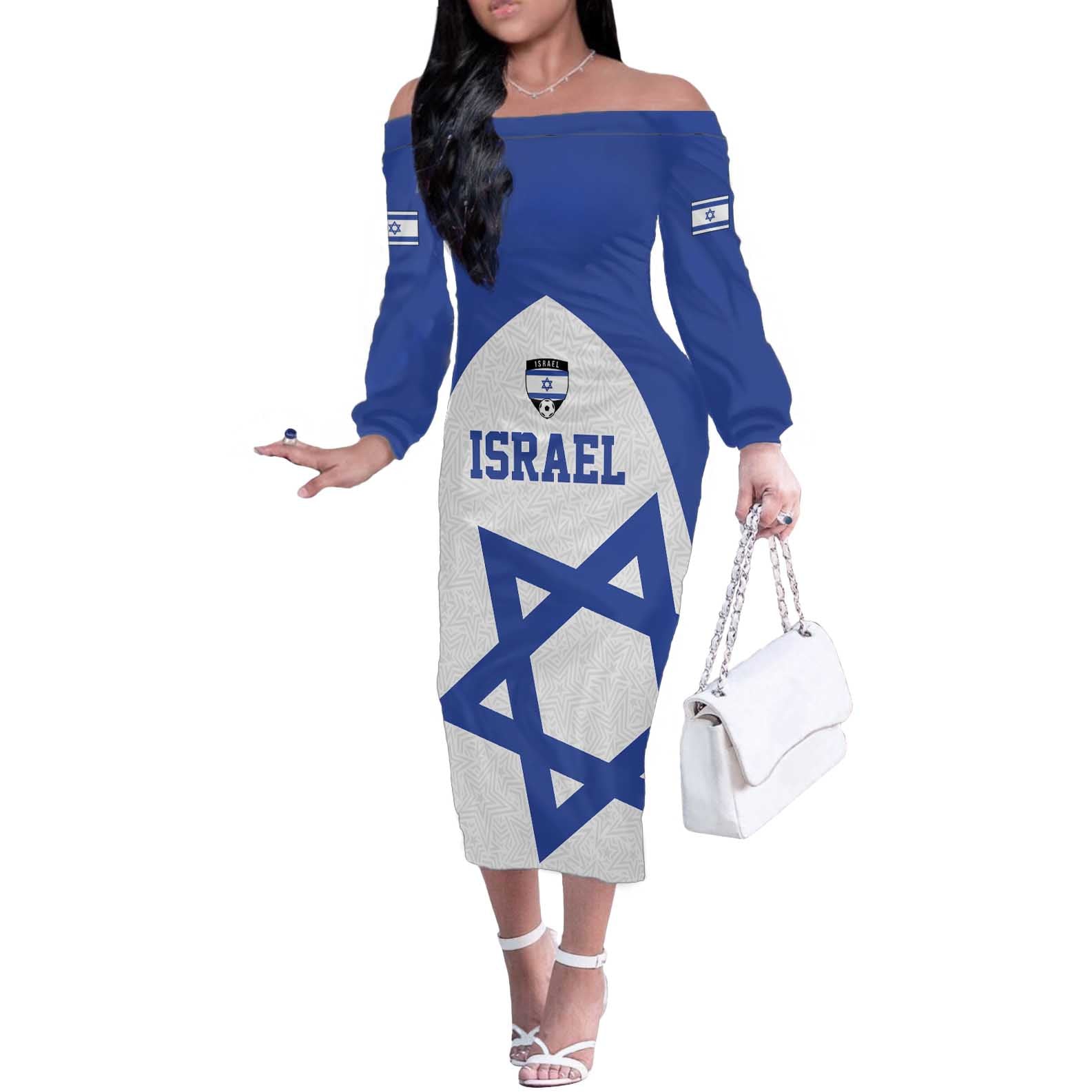 Custom Israel Football Go Champions Off The Shoulder Long Sleeve Dress Sporty Style