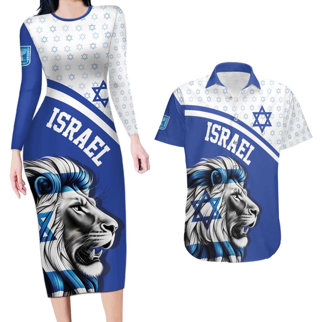 Personalized Israel Lion of Judah Couples Matching Long Sleeve Bodycon Dress and Hawaiian Shirt Flag and Coat of arms
