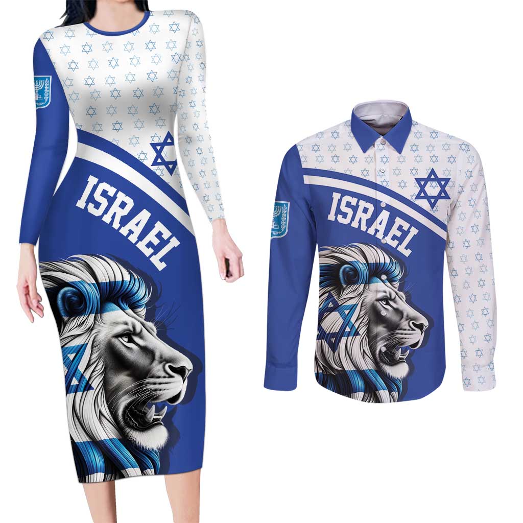 Personalized Israel Lion of Judah Couples Matching Long Sleeve Bodycon Dress and Long Sleeve Button Shirt Flag and Coat of arms
