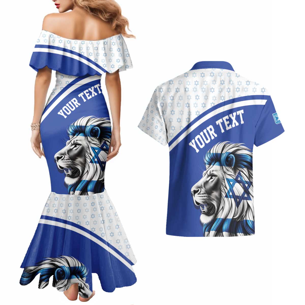 Personalized Israel Lion of Judah Couples Matching Mermaid Dress and Hawaiian Shirt Flag and Coat of arms