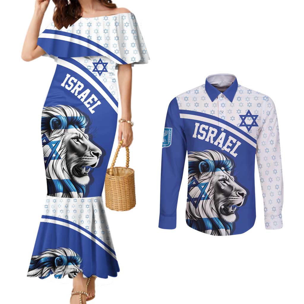 Personalized Israel Lion of Judah Couples Matching Mermaid Dress and Long Sleeve Button Shirt Flag and Coat of arms