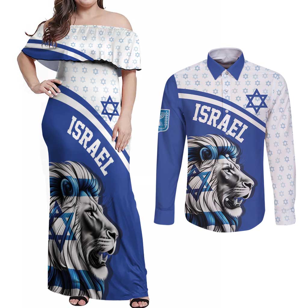 Personalized Israel Lion of Judah Couples Matching Off Shoulder Maxi Dress and Long Sleeve Button Shirt Flag and Coat of arms