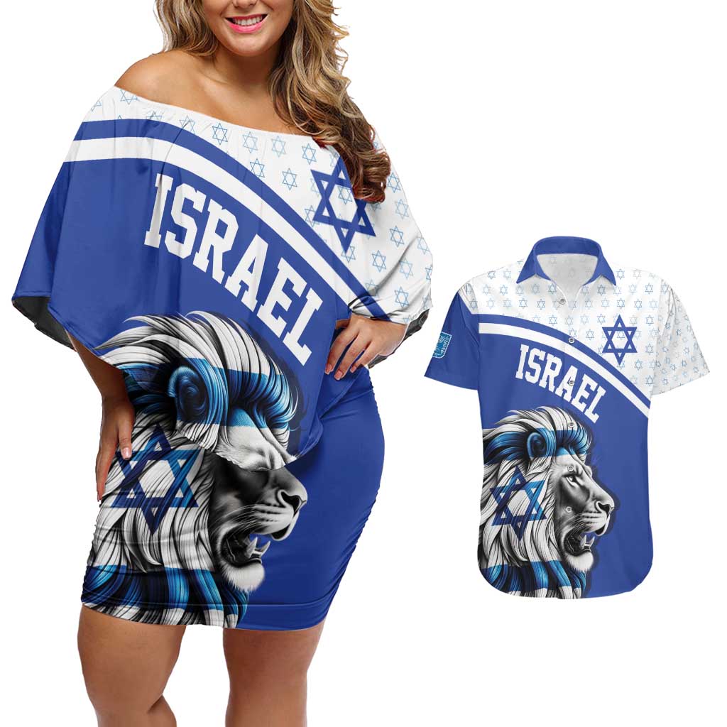 Personalized Israel Lion of Judah Couples Matching Off Shoulder Short Dress and Hawaiian Shirt Flag and Coat of arms