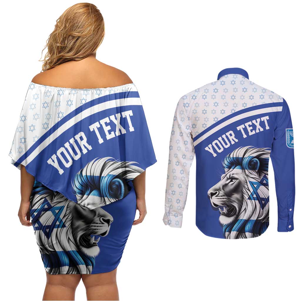 Personalized Israel Lion of Judah Couples Matching Off Shoulder Short Dress and Long Sleeve Button Shirt Flag and Coat of arms