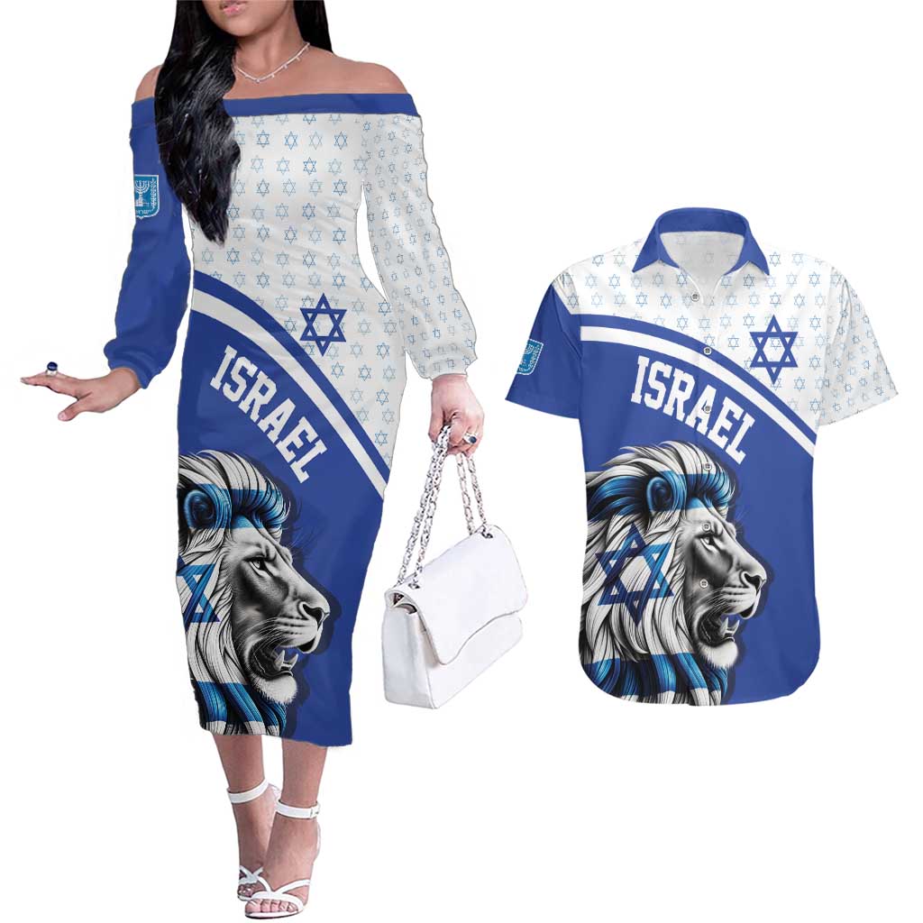 Personalized Israel Lion of Judah Couples Matching Off The Shoulder Long Sleeve Dress and Hawaiian Shirt Flag and Coat of arms