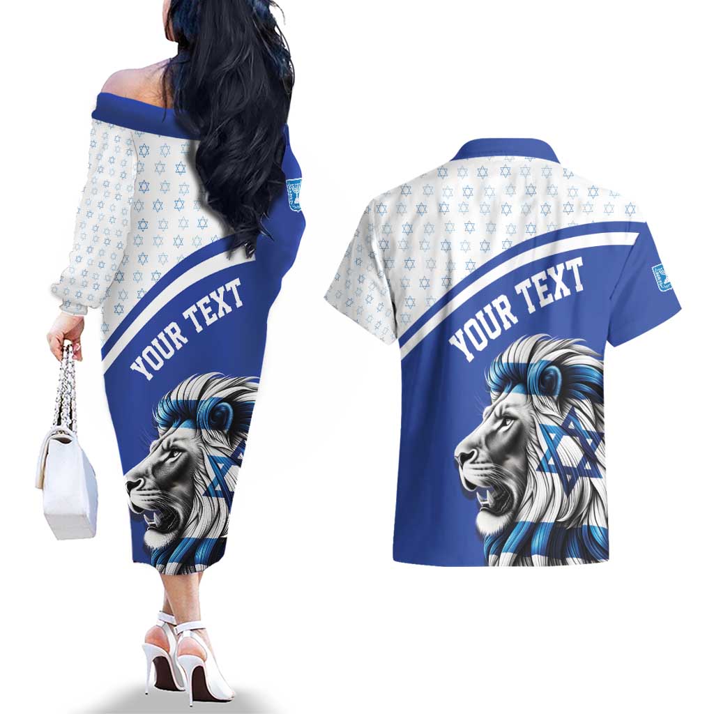 Personalized Israel Lion of Judah Couples Matching Off The Shoulder Long Sleeve Dress and Hawaiian Shirt Flag and Coat of arms