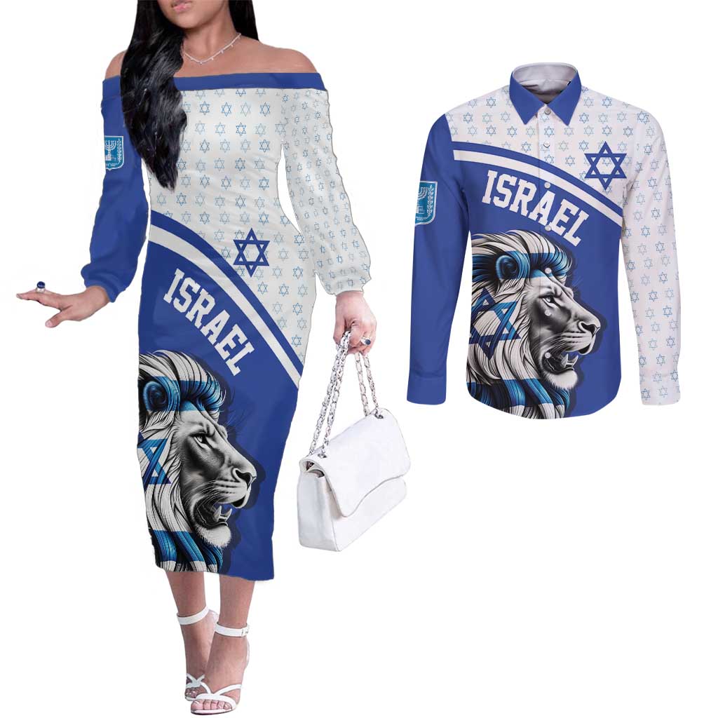 Personalized Israel Lion of Judah Couples Matching Off The Shoulder Long Sleeve Dress and Long Sleeve Button Shirt Flag and Coat of arms