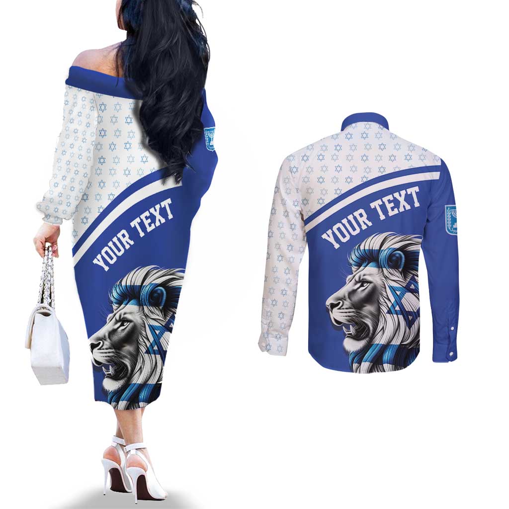 Personalized Israel Lion of Judah Couples Matching Off The Shoulder Long Sleeve Dress and Long Sleeve Button Shirt Flag and Coat of arms