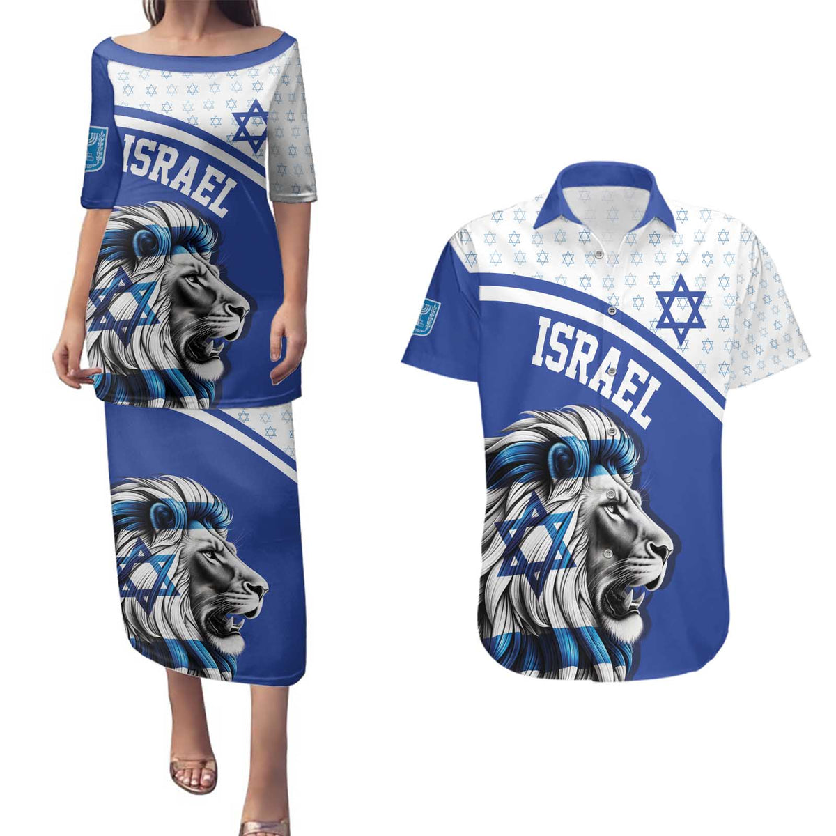 Personalized Israel Lion of Judah Couples Matching Puletasi and Hawaiian Shirt Flag and Coat of arms