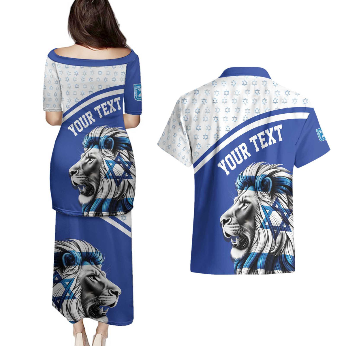 Personalized Israel Lion of Judah Couples Matching Puletasi and Hawaiian Shirt Flag and Coat of arms