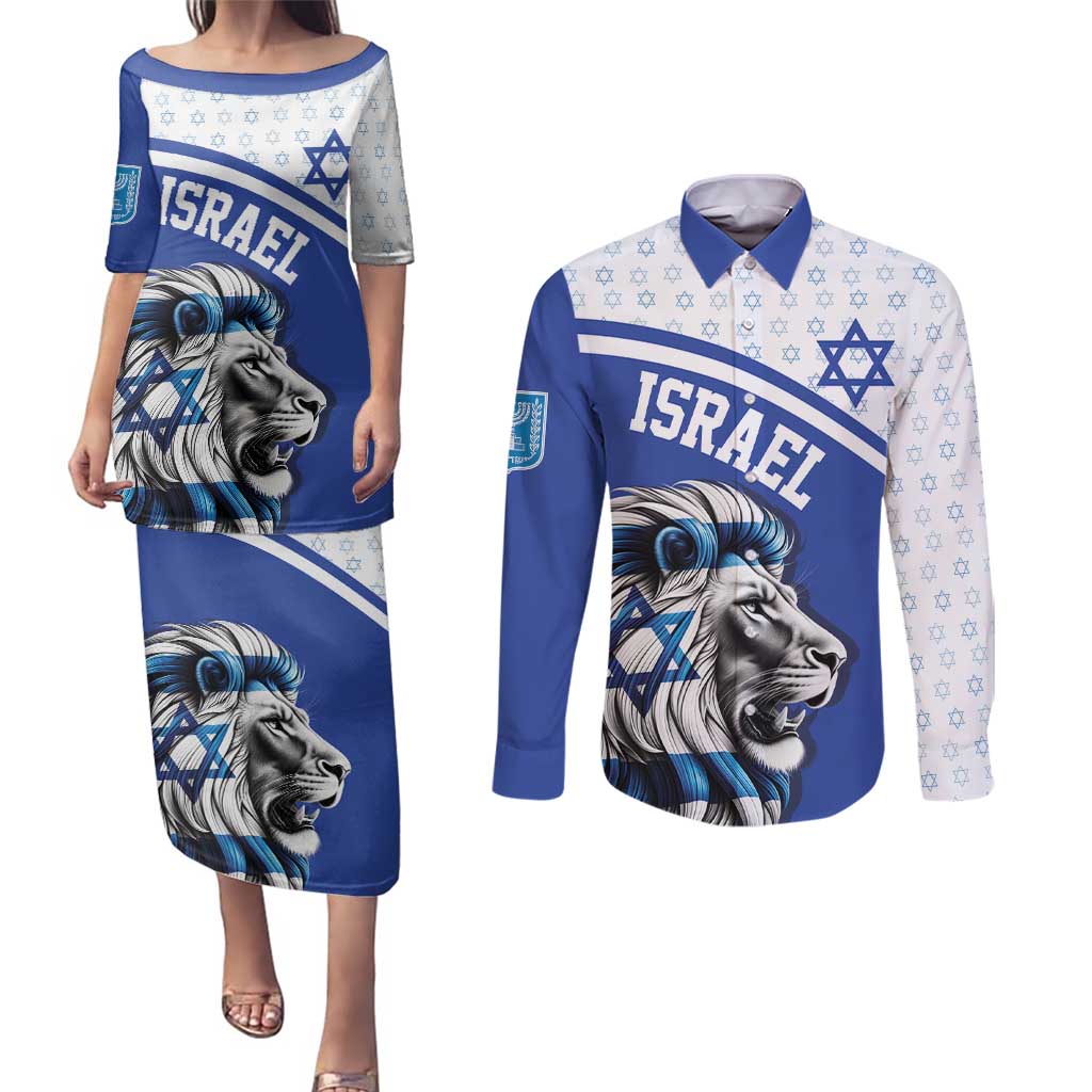 Personalized Israel Lion of Judah Couples Matching Puletasi and Long Sleeve Button Shirt Flag and Coat of arms