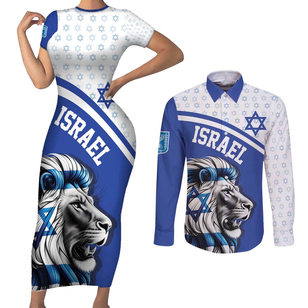 Personalized Israel Lion of Judah Couples Matching Short Sleeve Bodycon Dress and Long Sleeve Button Shirt Flag and Coat of arms