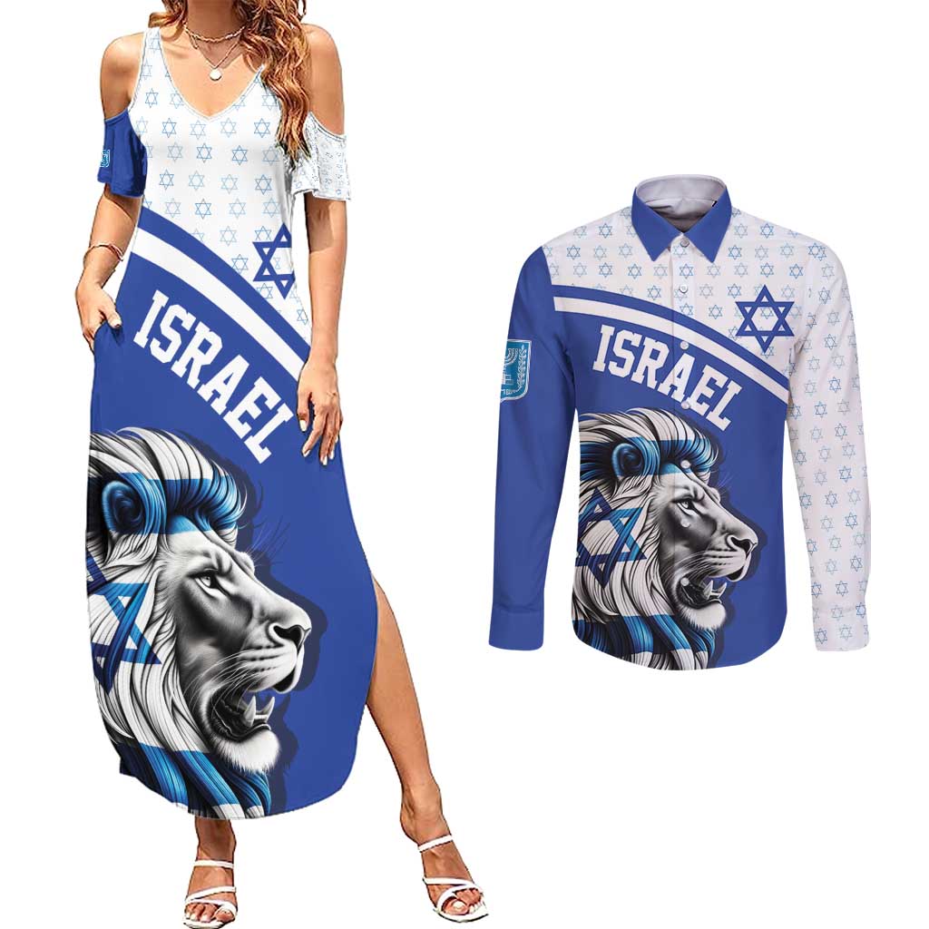 Personalized Israel Lion of Judah Couples Matching Summer Maxi Dress and Long Sleeve Button Shirt Flag and Coat of arms
