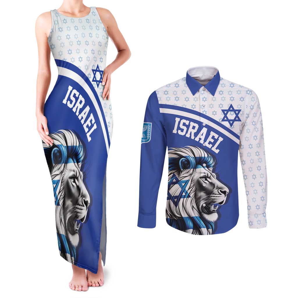 Personalized Israel Lion of Judah Couples Matching Tank Maxi Dress and Long Sleeve Button Shirt Flag and Coat of arms