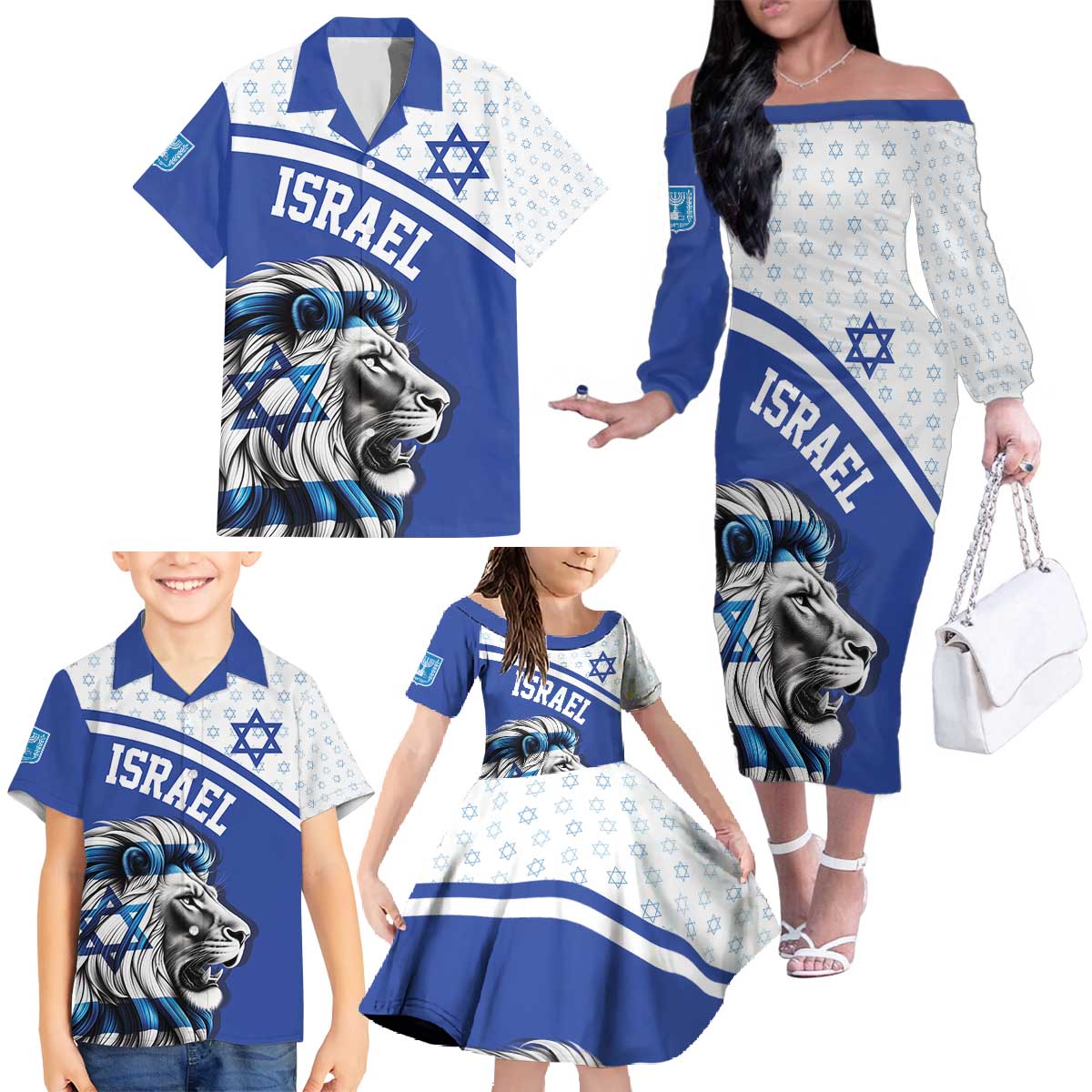 Personalized Israel Lion of Judah Family Matching Off The Shoulder Long Sleeve Dress and Hawaiian Shirt Flag and Coat of arms