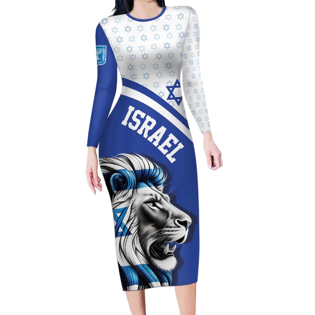 Personalized Israel Lion of Judah Long Sleeve Bodycon Dress Flag and Coat of arms