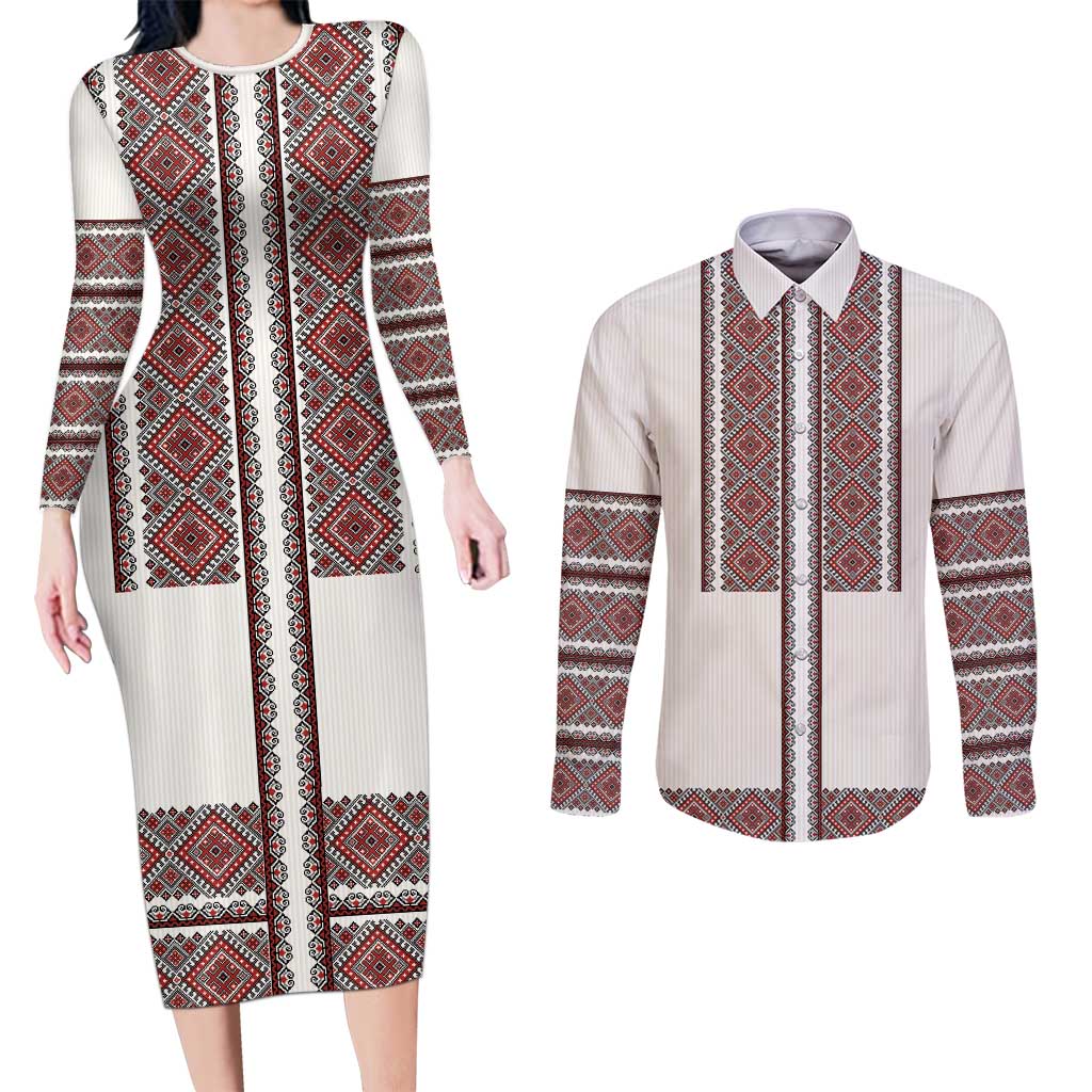 Ukraine Vyshyvanka Day Couples Matching Long Sleeve Bodycon Dress and Long Sleeve Button Shirt Ukrainian Folk Seamless