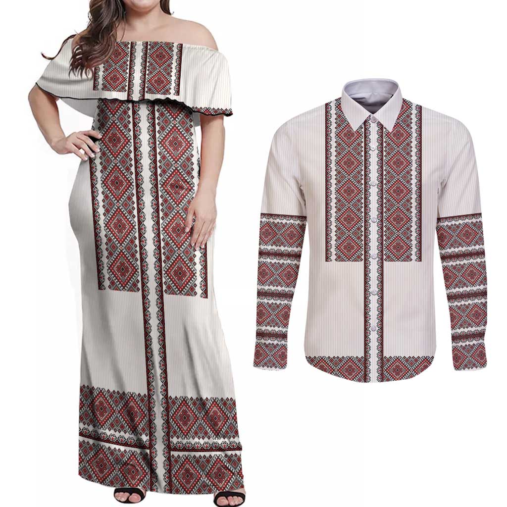 Ukraine Vyshyvanka Day Couples Matching Off Shoulder Maxi Dress and Long Sleeve Button Shirt Ukrainian Folk Seamless