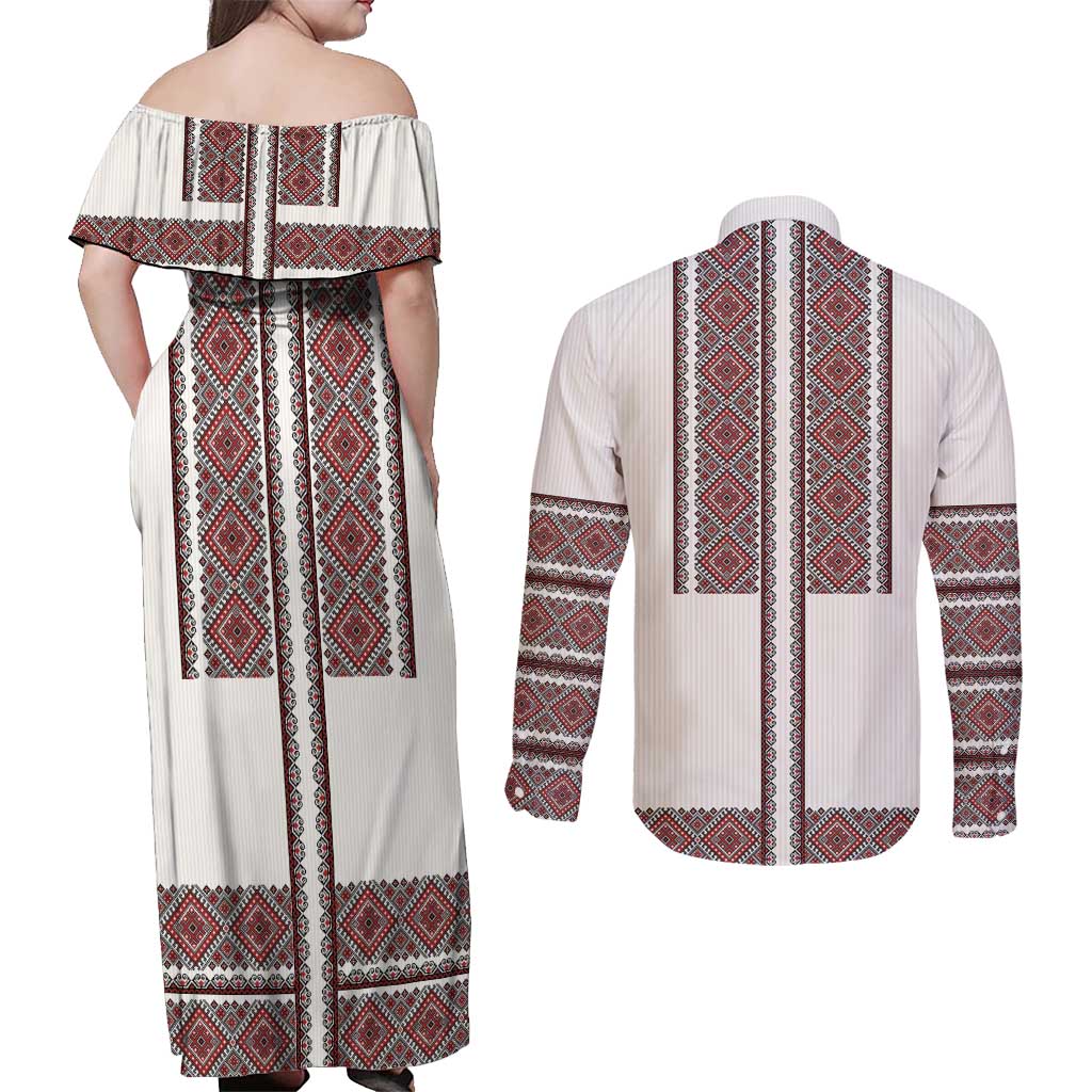 Ukraine Vyshyvanka Day Couples Matching Off Shoulder Maxi Dress and Long Sleeve Button Shirt Ukrainian Folk Seamless