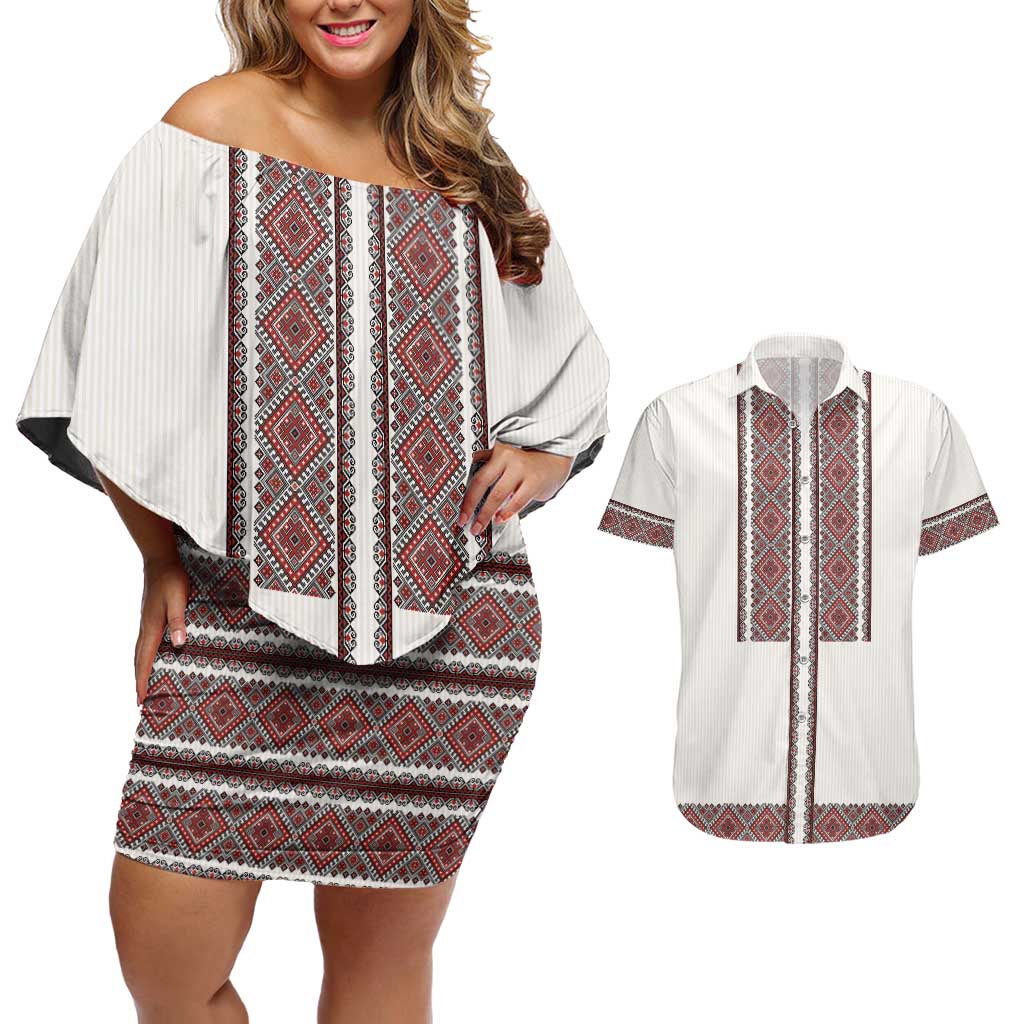 Ukraine Vyshyvanka Day Couples Matching Off Shoulder Short Dress and Hawaiian Shirt Ukrainian Folk Seamless