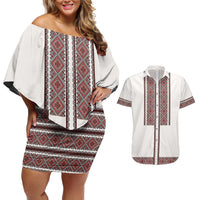 Ukraine Vyshyvanka Day Couples Matching Off Shoulder Short Dress and Hawaiian Shirt Ukrainian Folk Seamless