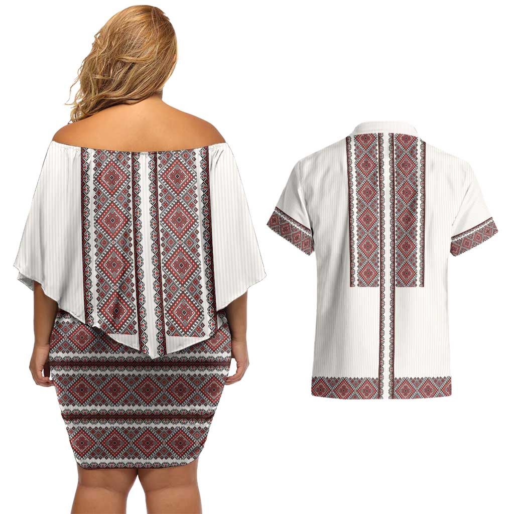Ukraine Vyshyvanka Day Couples Matching Off Shoulder Short Dress and Hawaiian Shirt Ukrainian Folk Seamless
