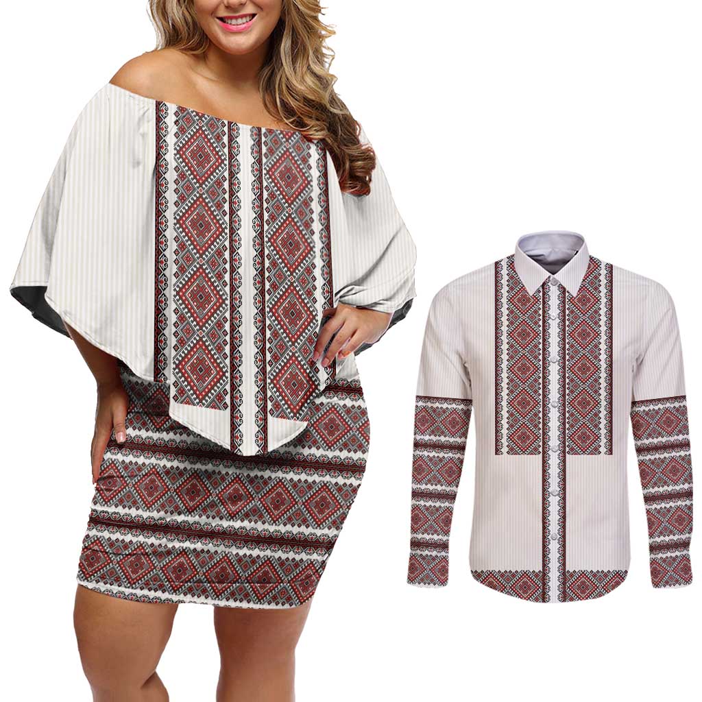 Ukraine Vyshyvanka Day Couples Matching Off Shoulder Short Dress and Long Sleeve Button Shirt Ukrainian Folk Seamless