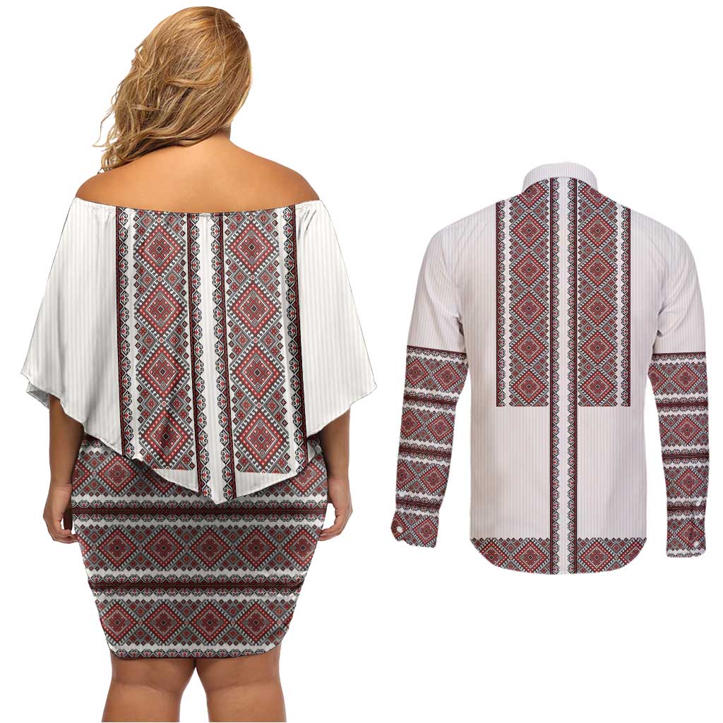 Ukraine Vyshyvanka Day Couples Matching Off Shoulder Short Dress and Long Sleeve Button Shirt Ukrainian Folk Seamless