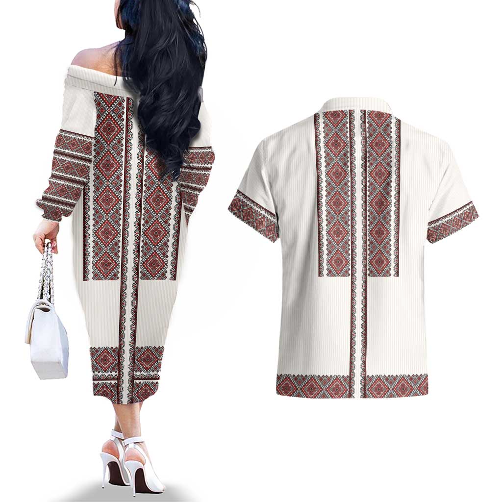 Ukraine Vyshyvanka Day Couples Matching Off The Shoulder Long Sleeve Dress and Hawaiian Shirt Ukrainian Folk Seamless