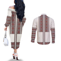 Ukraine Vyshyvanka Day Couples Matching Off The Shoulder Long Sleeve Dress and Long Sleeve Button Shirt Ukrainian Folk Seamless