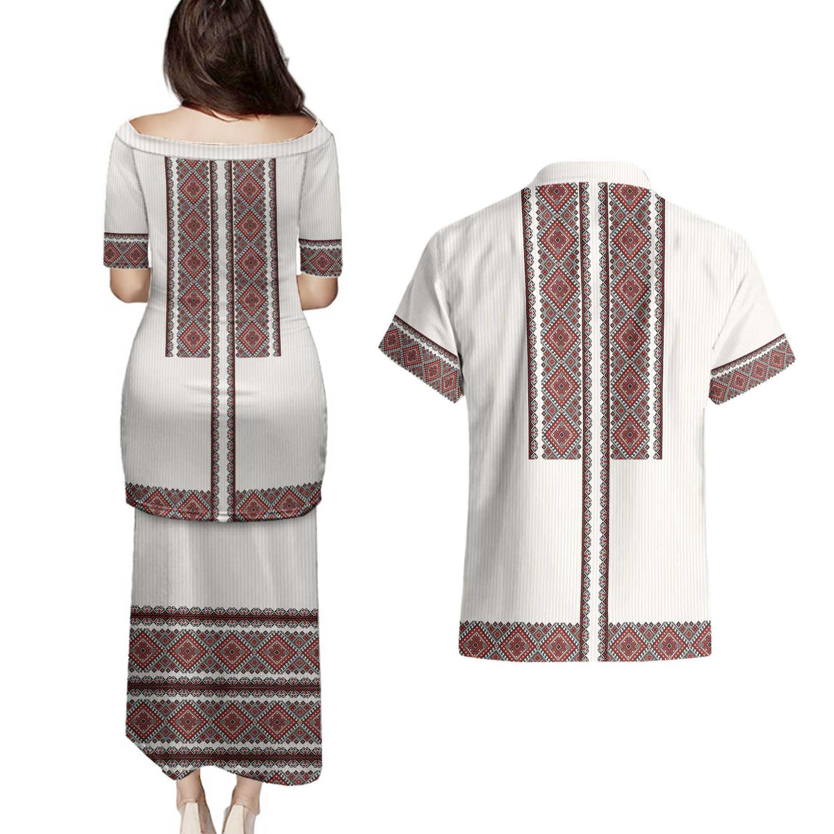 Ukraine Vyshyvanka Day Couples Matching Puletasi and Hawaiian Shirt Ukrainian Folk Seamless