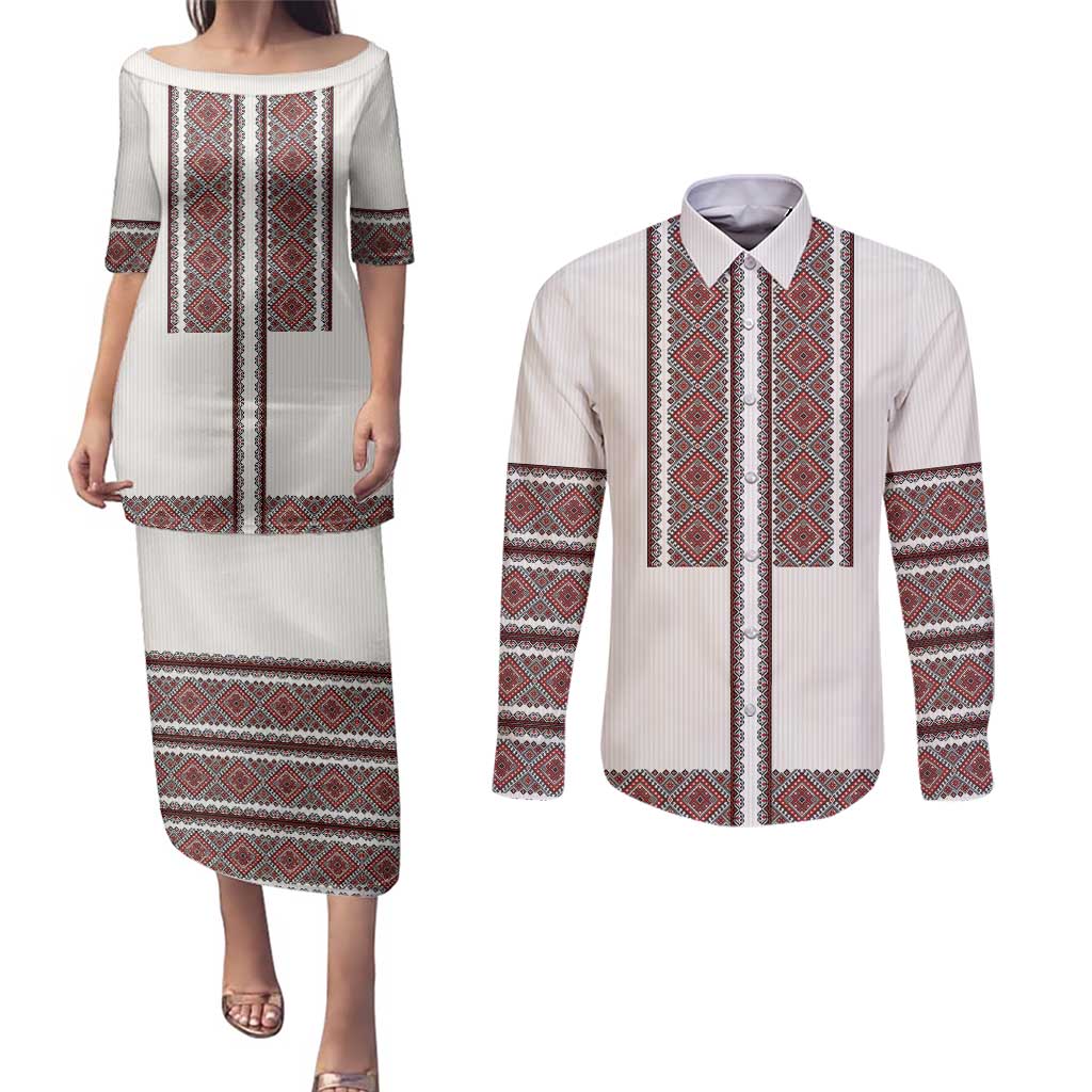 Ukraine Vyshyvanka Day Couples Matching Puletasi and Long Sleeve Button Shirt Ukrainian Folk Seamless