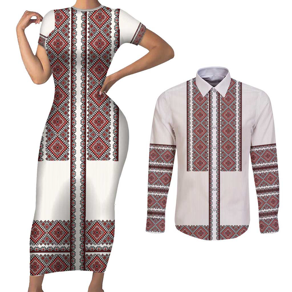 Ukraine Vyshyvanka Day Couples Matching Short Sleeve Bodycon Dress and Long Sleeve Button Shirt Ukrainian Folk Seamless