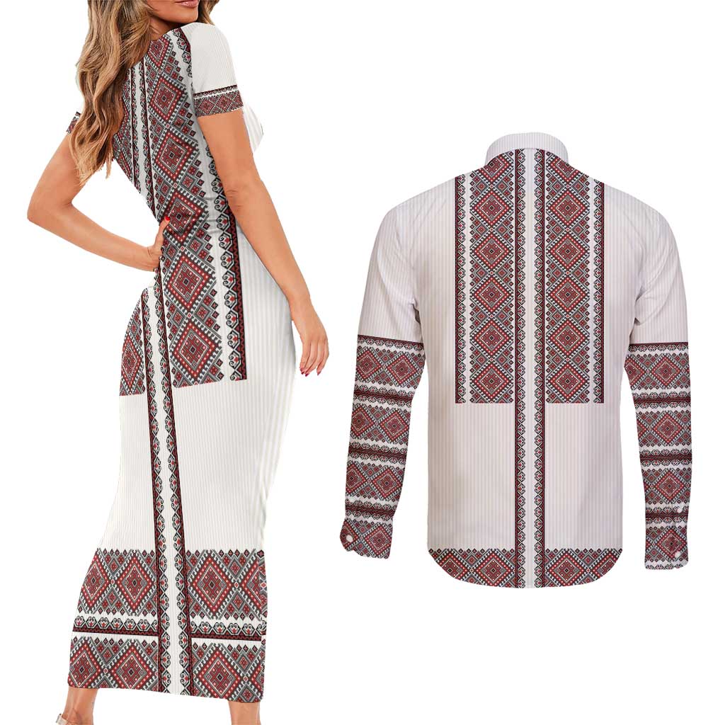 Ukraine Vyshyvanka Day Couples Matching Short Sleeve Bodycon Dress and Long Sleeve Button Shirt Ukrainian Folk Seamless