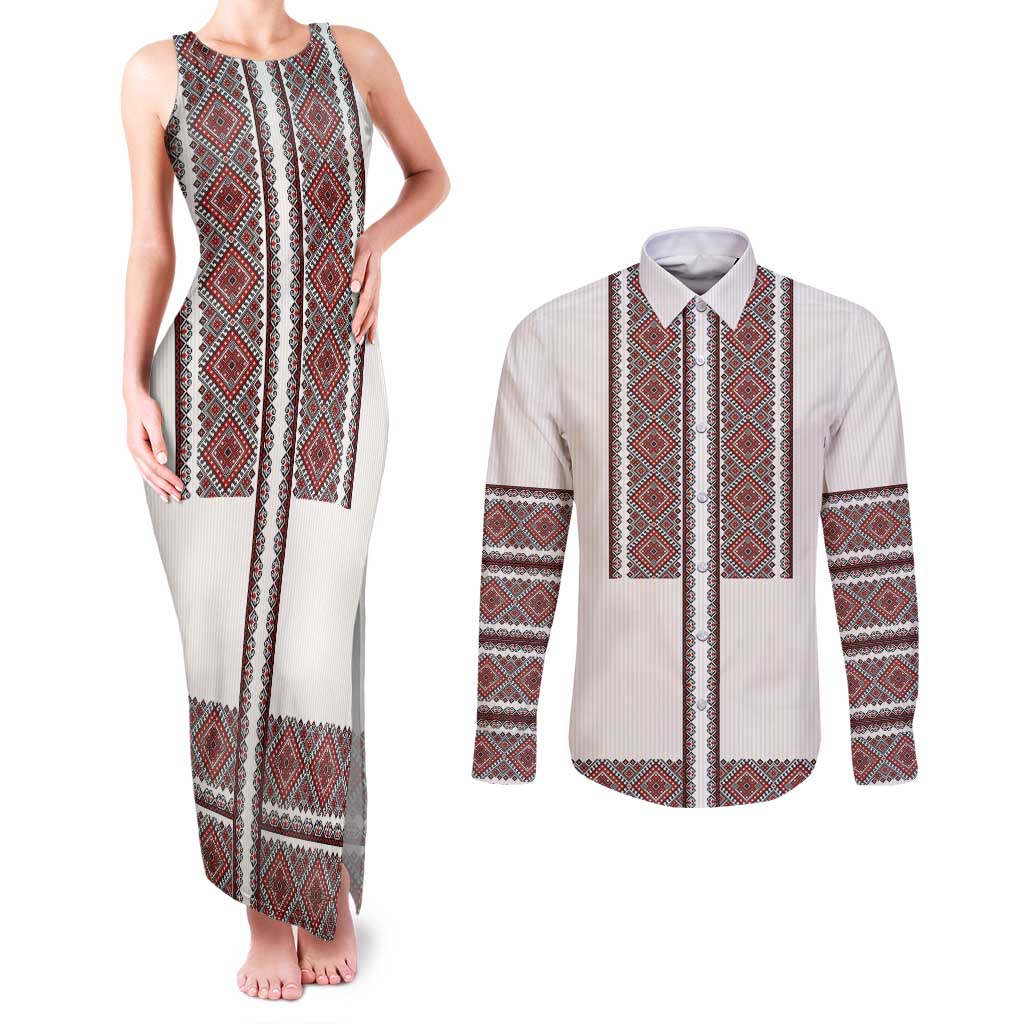 Ukraine Vyshyvanka Day Couples Matching Tank Maxi Dress and Long Sleeve Button Shirt Ukrainian Folk Seamless