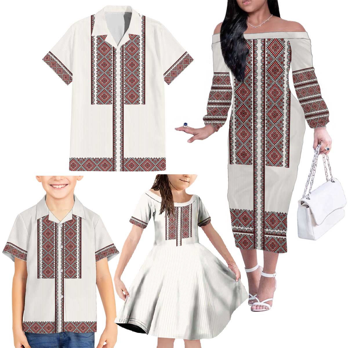 Ukraine Vyshyvanka Day Family Matching Off The Shoulder Long Sleeve Dress and Hawaiian Shirt Ukrainian Folk Seamless