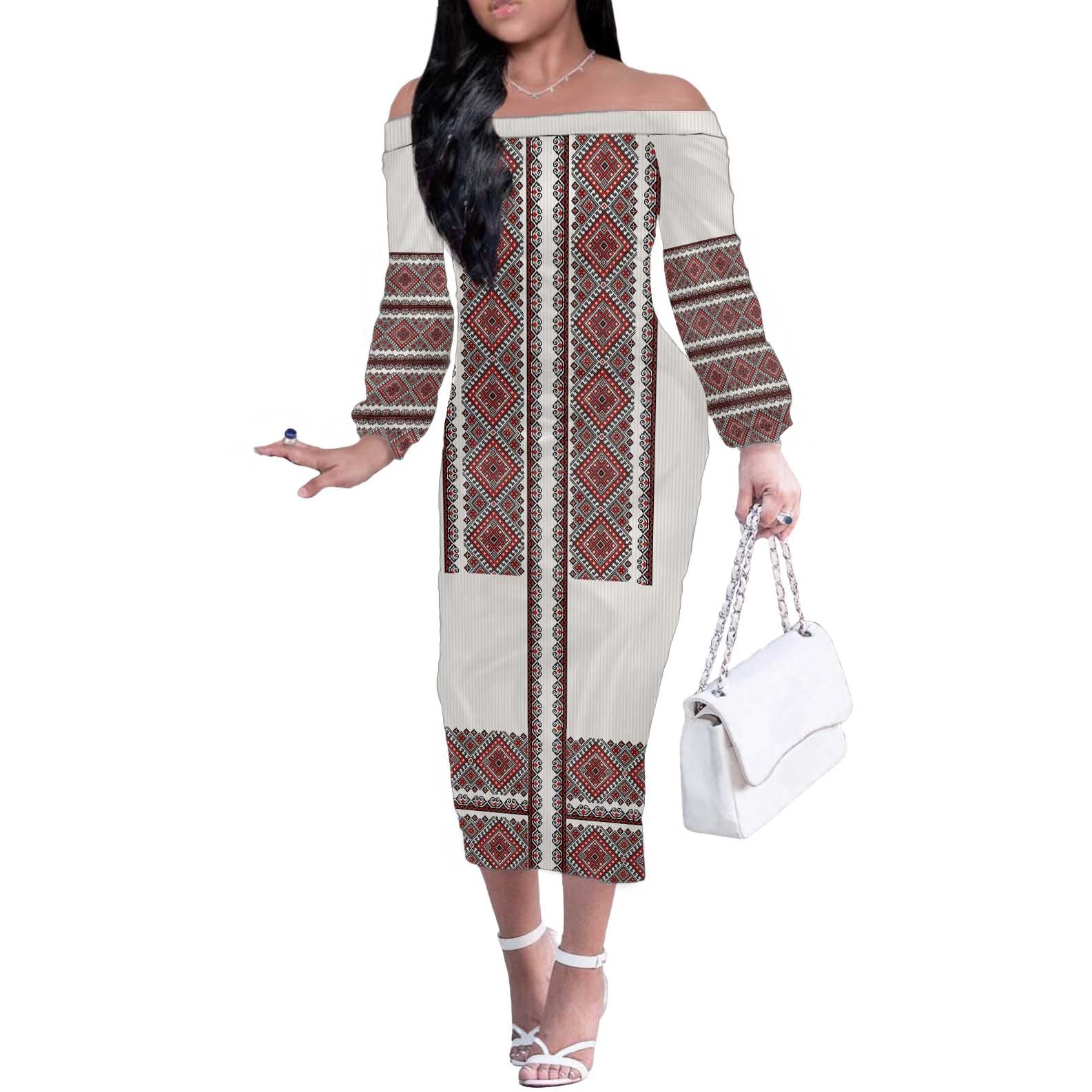 Ukraine Vyshyvanka Day Off The Shoulder Long Sleeve Dress Ukrainian Folk Seamless